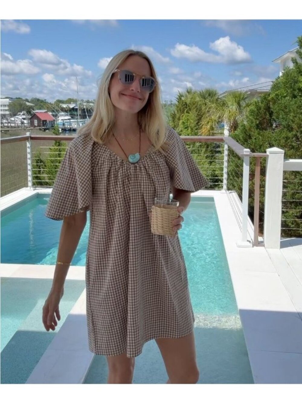 Tuckernuck Studio McGee Gingham Mini Finn Dress Cotton Brown Plaid Shift Large - Picture 7 of 16